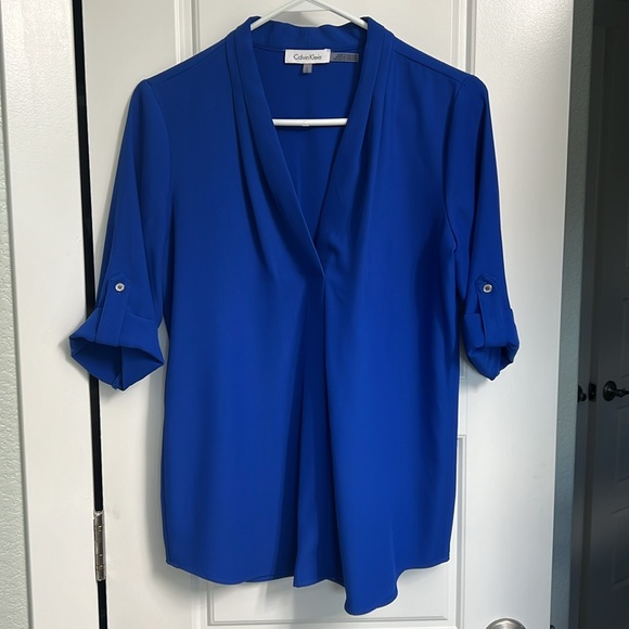 Women’s Large Blue Calvin Klein Button-Sleeve Top - Picture 8 of 11